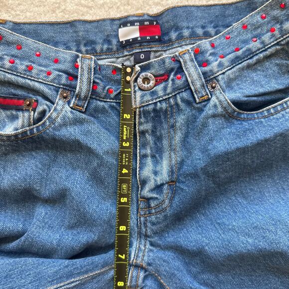 TOMMY JEANS Y2K Low Rise Rhinestone Split Flare Denim Stars Logo Retro Size 0 - Picture 5 of 13
